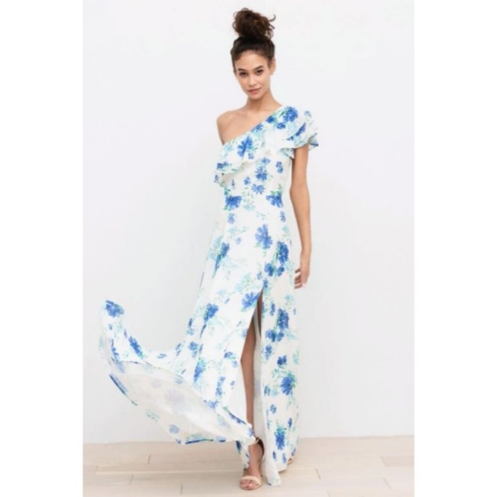 Yumi Kim Anthropologie White Blue Floral Silver Sparkles One-Shoulder Maxi Dress